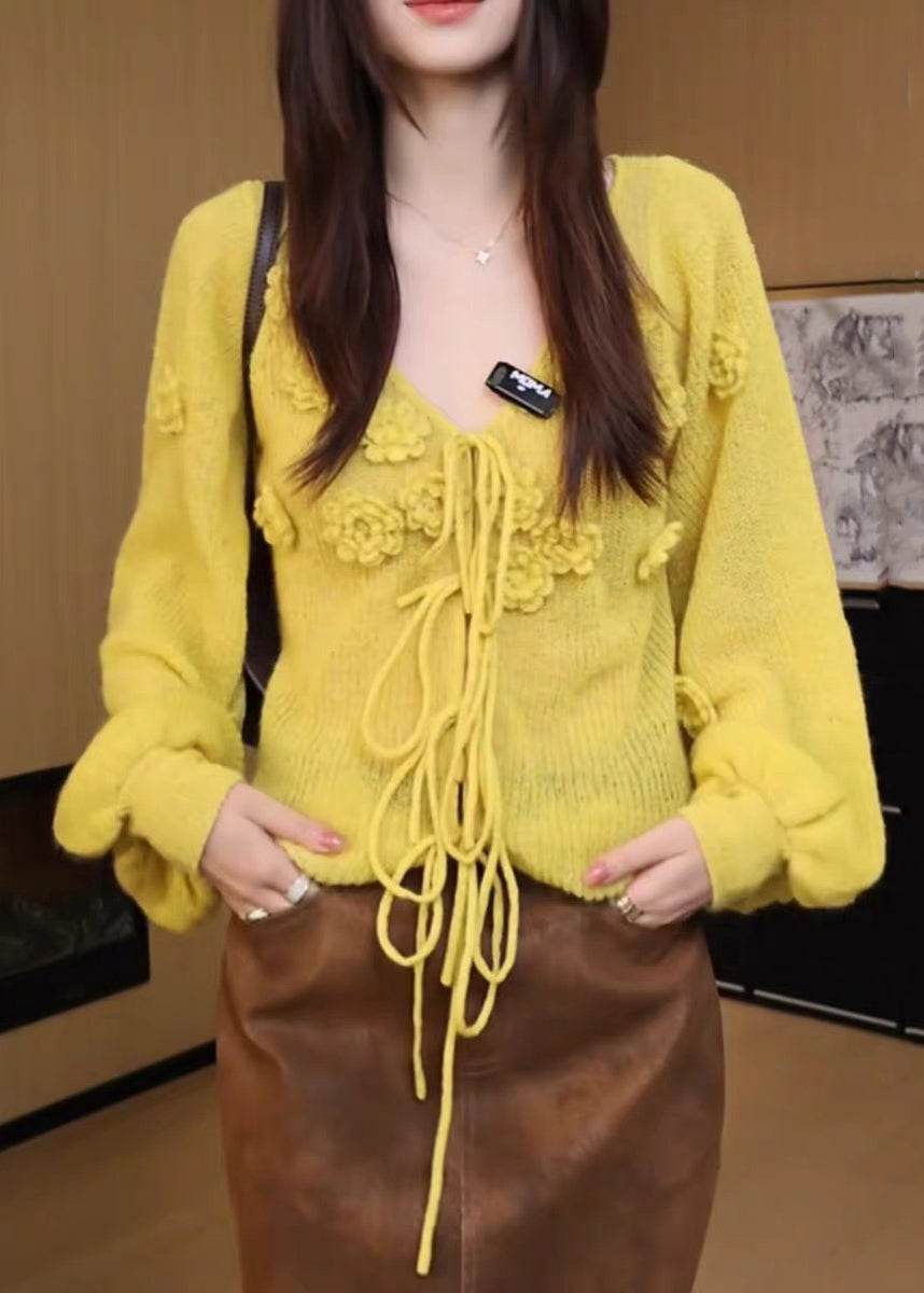 Yellow V Neck Lace Up Knit Sweaters Fall
