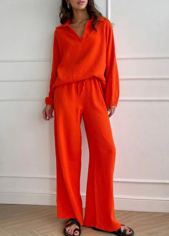 Simple White Peter Pan Collar Top and Pants Cotton Two Pieces Set Spring