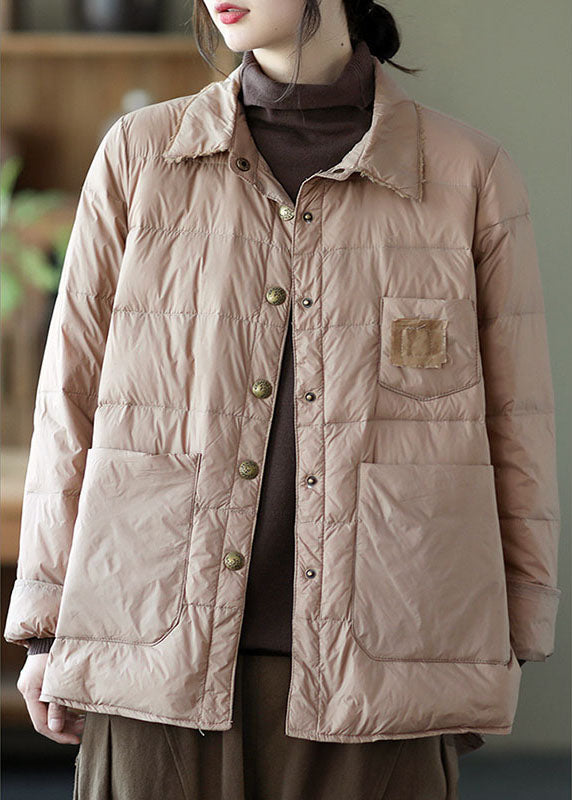 Khaki Button Loose Low High Design Winter Down Coats
