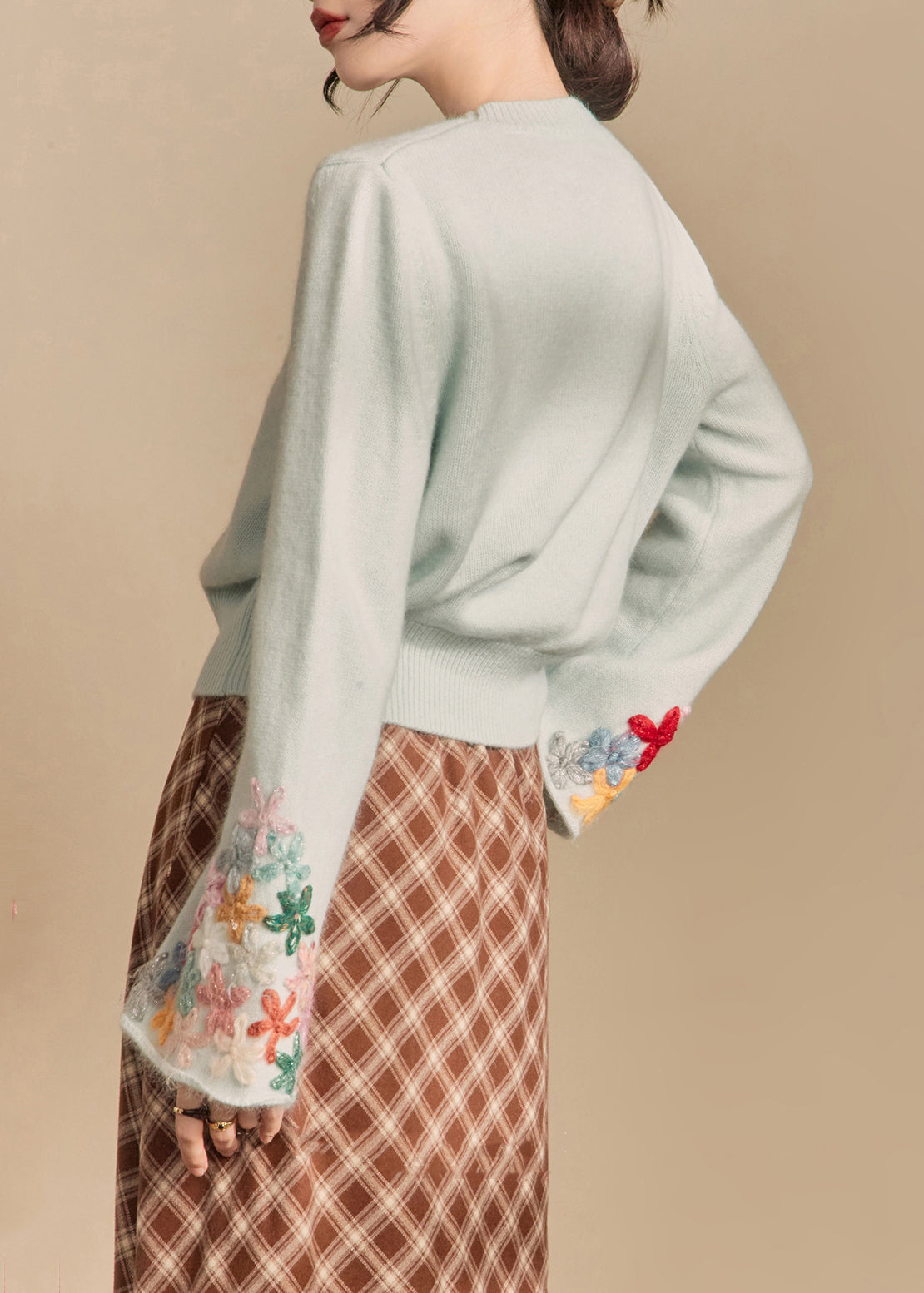 Art Light Blue O Neck Patchwork Knit Sweater Flare Sleeve