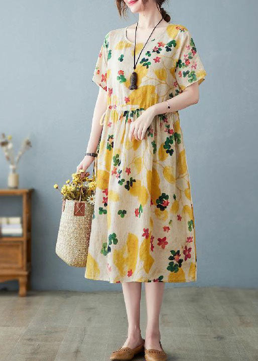 Light Yellow O Neck Pockets Print Patchwork Cotton Dress Summer