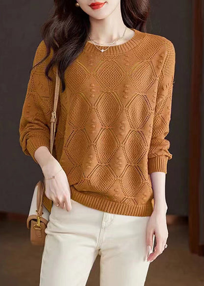Rose O-neck Hollow Out Cotton Knitted Sweaters Fall