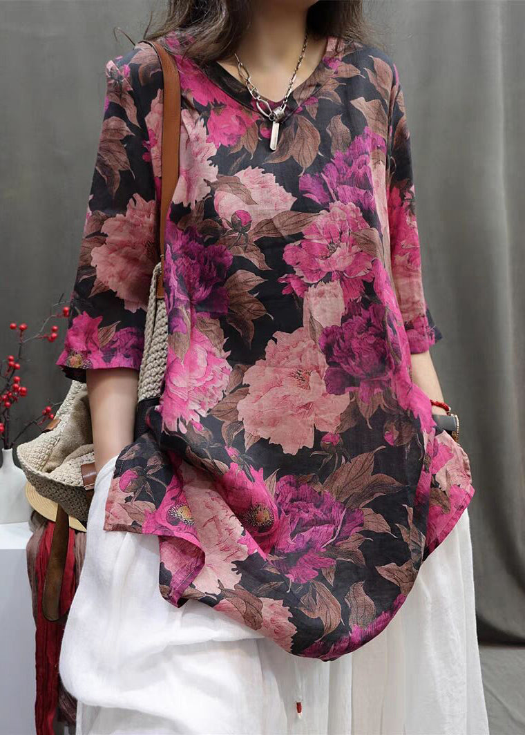 V Neck Print Low High Design Top Half Sleeve
