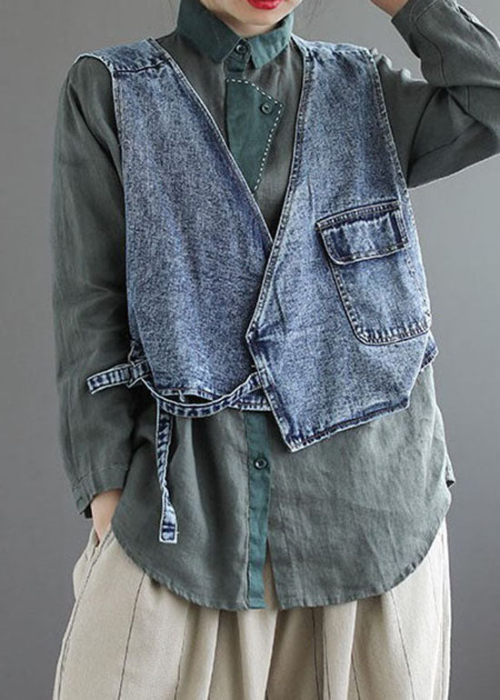 Natural Blue Pockets Tie Waist Asymmetrical Denim Vest Spring