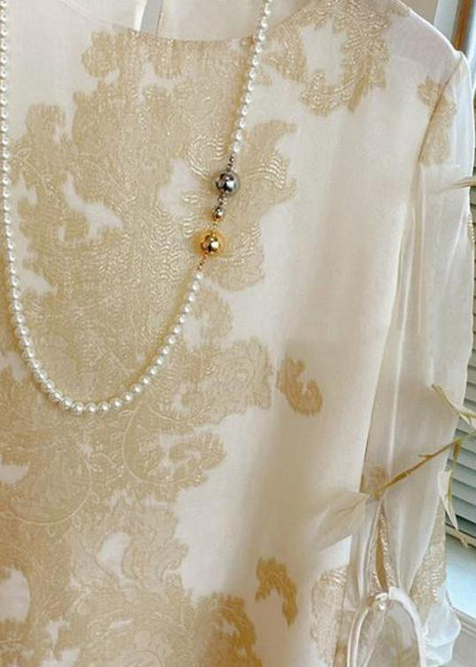 Art Apricot O-neck Jacquard Patchwork Silk Blouses Lantern Sleeve