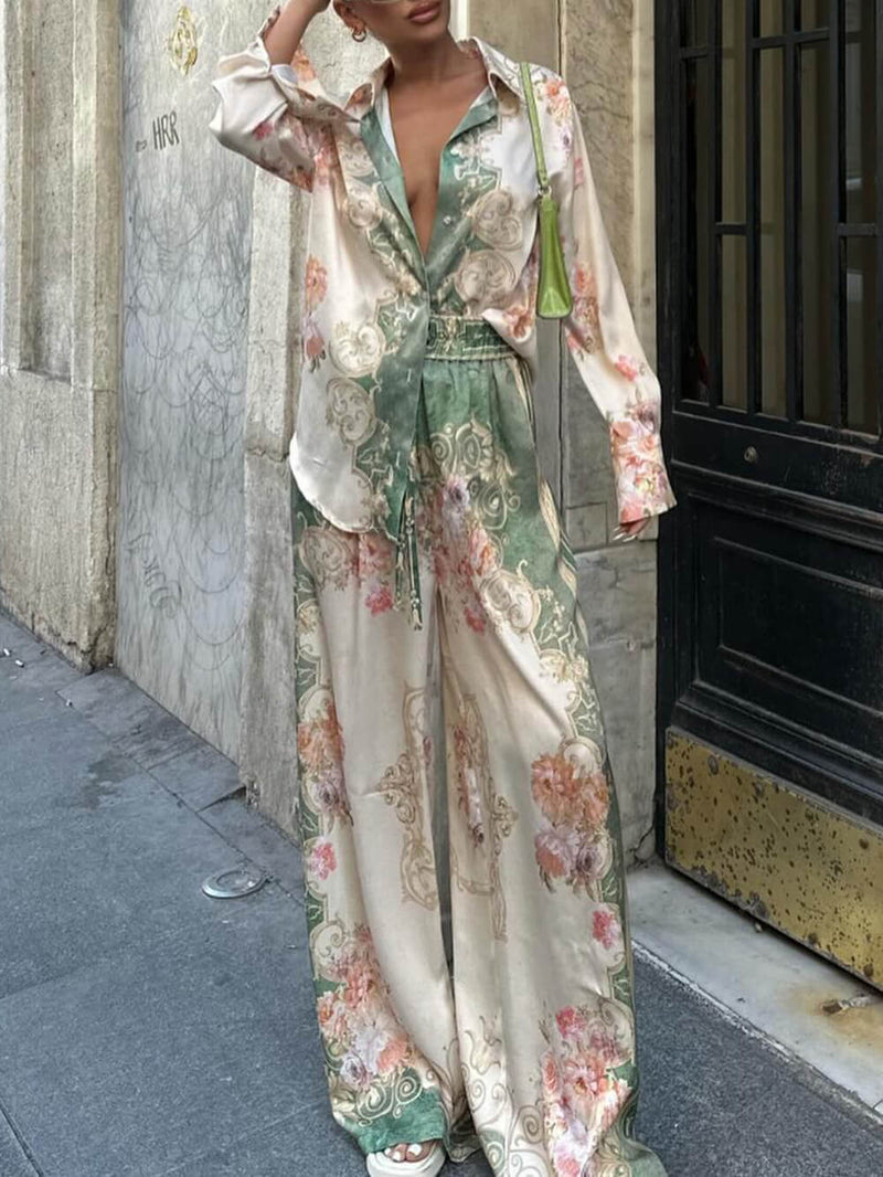Oversized Loose Unique Printed Stretch Waist Wide Leg Pants