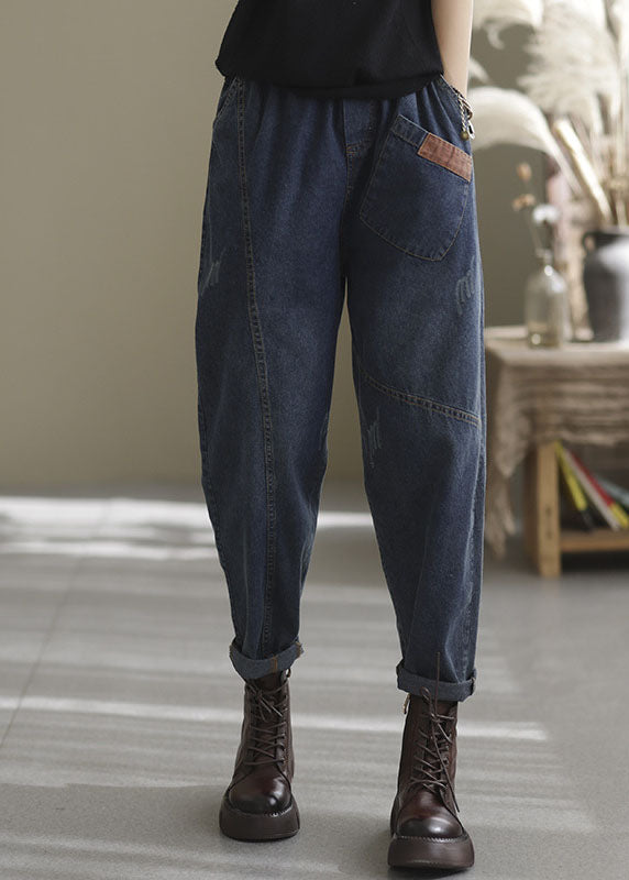 Blue Elastic Waist Pockets Cotton Denim Pants Spring