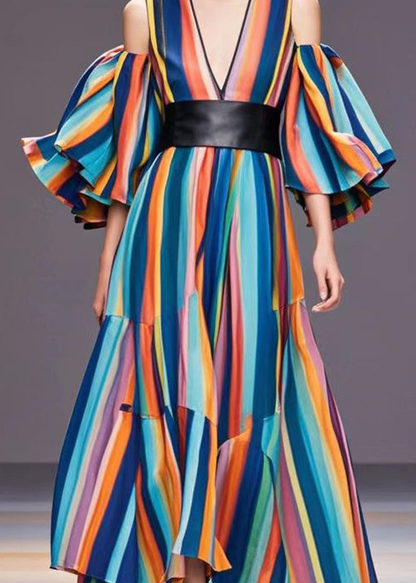 Rainbow Cold Shoulder Striped Cotton Cinched Dresses Fall