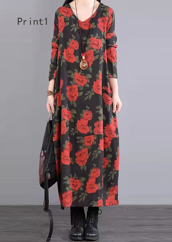 Print V Neck Patchwork Cotton Long Dress Fall