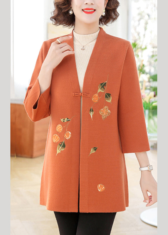 Orange Print Cotton Knit Cardigans Bracelet Sleeve