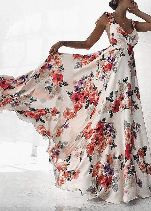 Backless Print Lace Up Chiffon Spaghetti Strap Dress Summer