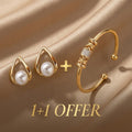 1+1 Offer: Triangular Hollow Earrings With Pearls + Adjustable Bracelet With Golden Charms