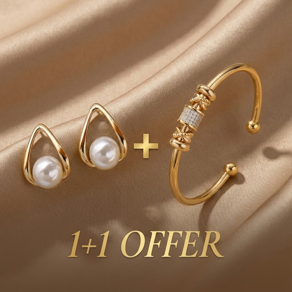 1+1 Offer: Triangular Hollow Earrings With Pearls + Adjustable Bracelet With Golden Charms