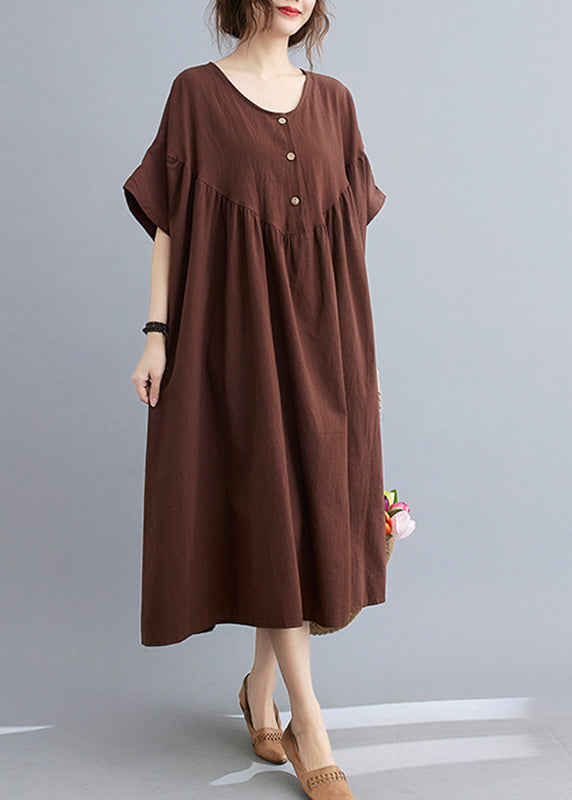 Coffee O-neck Wrinkled Maxi Dresses Summer