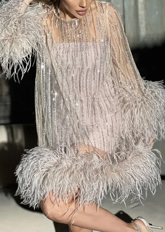 Light Pink Fluffy Sequins Patchwork Tulle Mid Dress Spring