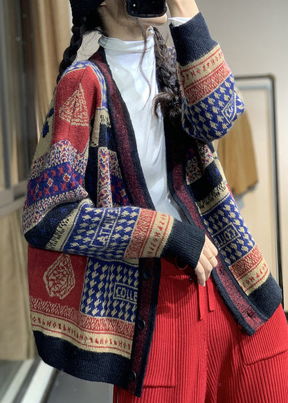 Red V Neck Print Button Knit Loose Cardigans Coat Fall