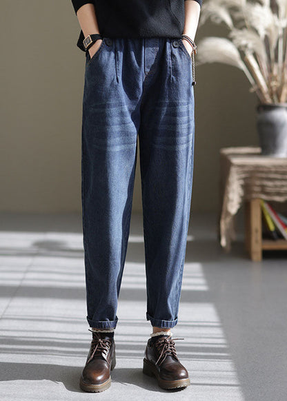 Blue Elastic Waist Pockets Harem Pants Spring
