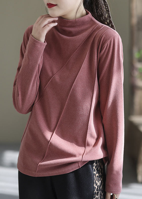 Organic Pink Stand Collar Wrinkled Tops Long Sleeve