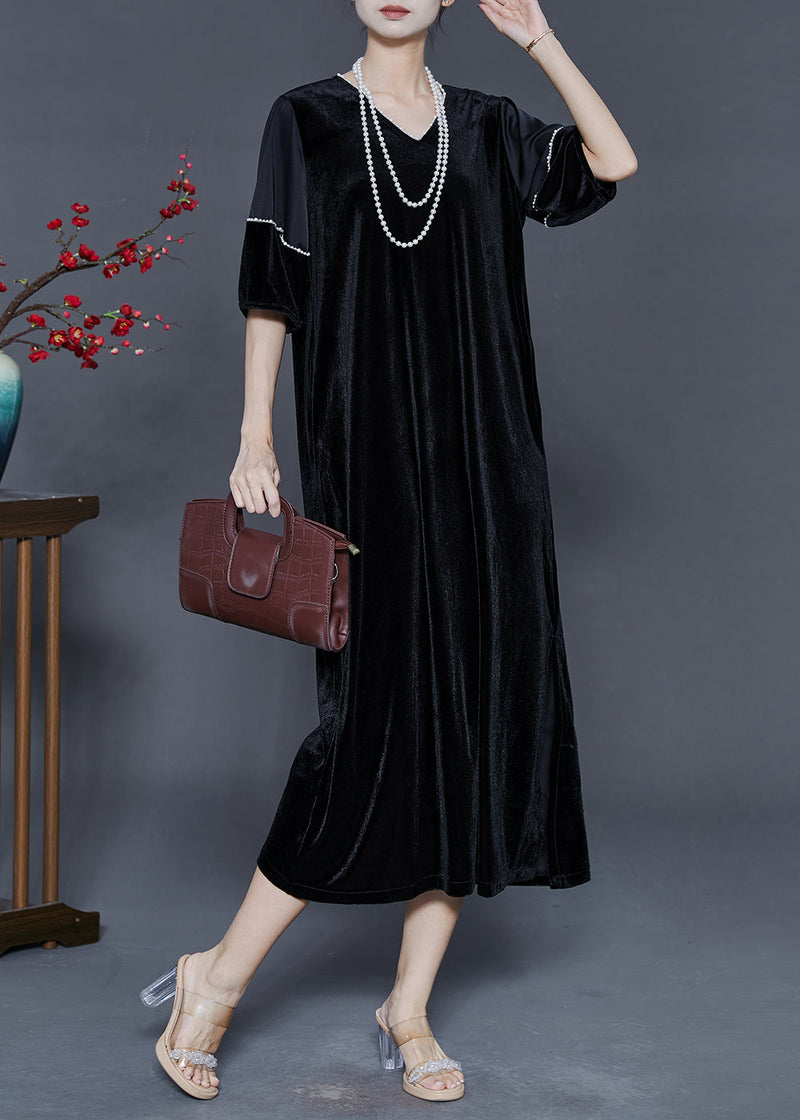Black Oversized Side Open Silk Velvet Party Dress Summer