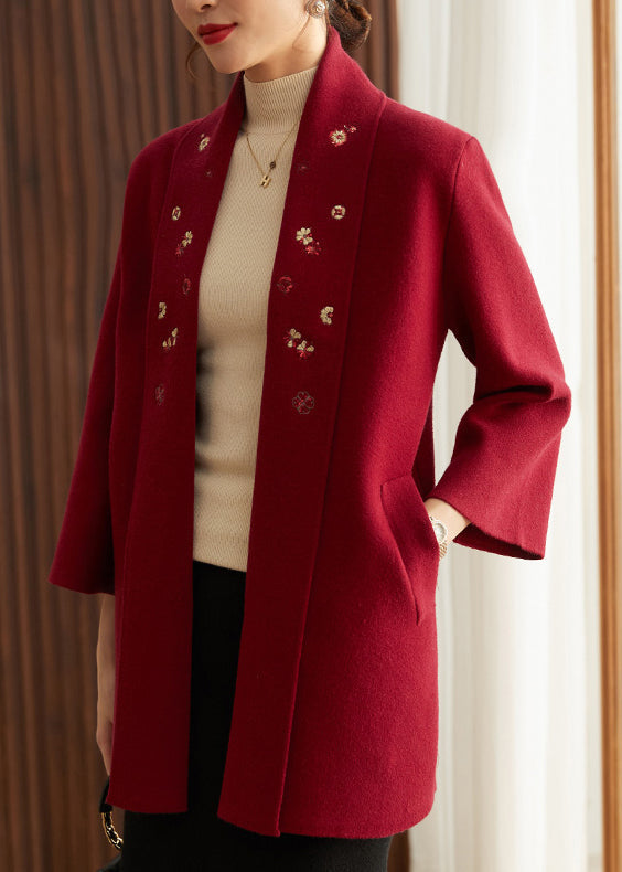 Red V Neck Embroidered Cotton Knit Cardigans Spring
