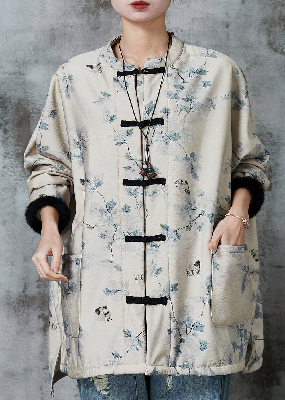 Apricot Oversized Print Warm Fleece Coat Outwear Spring