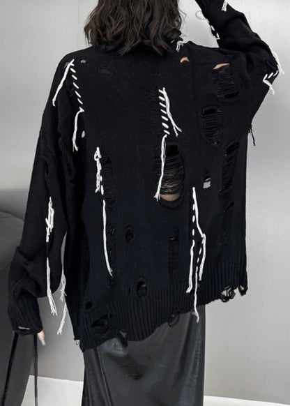 Black O-neck Hole Cozy Cotton Knit Sweater Tops Fall