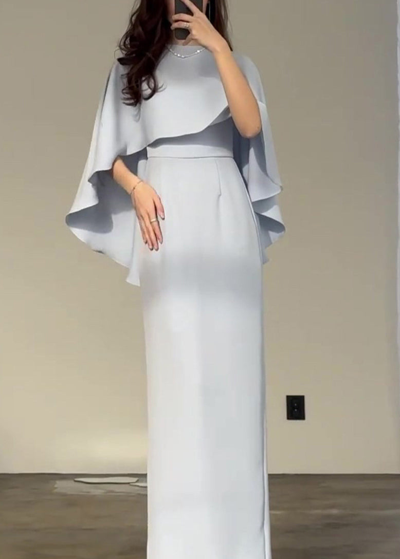 Slim Fit Light Blue Silk Shawl Waist Cinched Dress