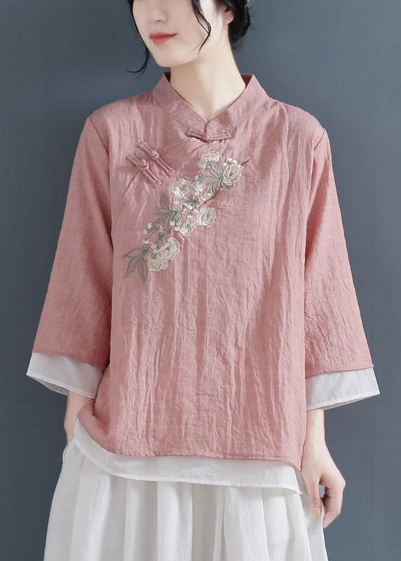 Pink Stand Collar Embroidered Cotton Fake Two Piece Shirts Three Quarter Sleeve
