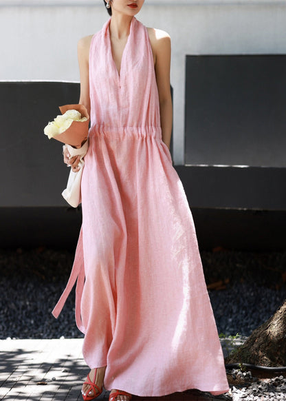 Pink Cold Shoulder Drawstring Linen Halter Dresses Summer