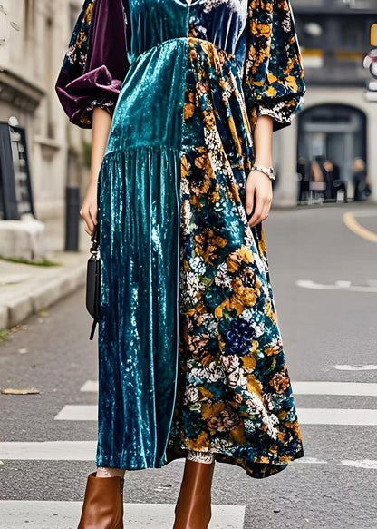 Colorblock V Neck Patchwork Silk Velvet Maxi Dresses Spring