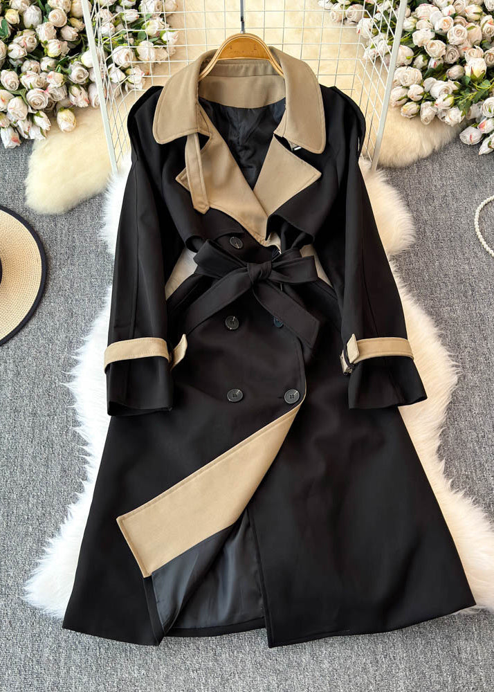 Beige Notched Pockets Button Tie Waist Long Trench Coats Spring