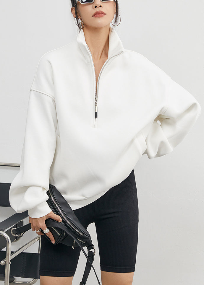 White Stand Collar Zip Up Warm Fleece Sweatshirt Winter