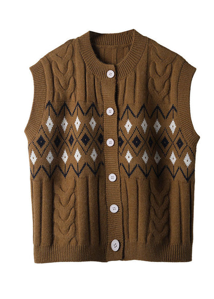 Coffee O Neck Jacquard Button Woolen Vest Sleeveless