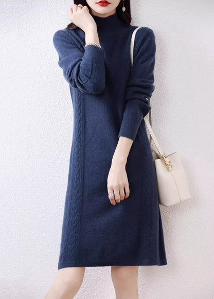 Navy Turtleneck Wool Knit Sweater Dress Fall