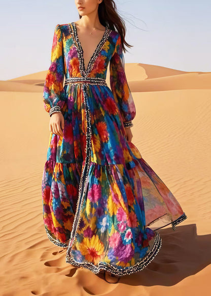 Flower Print Exra Large Hem Chiffon Beach Dress Spring