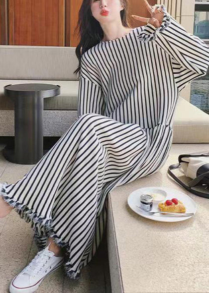 O Neck Striped Patchwork Cotton Long Dresses Long Sleeve