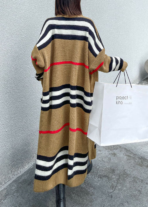 French Khaki Retro Striped Loose Fall Knit Sweater Coat