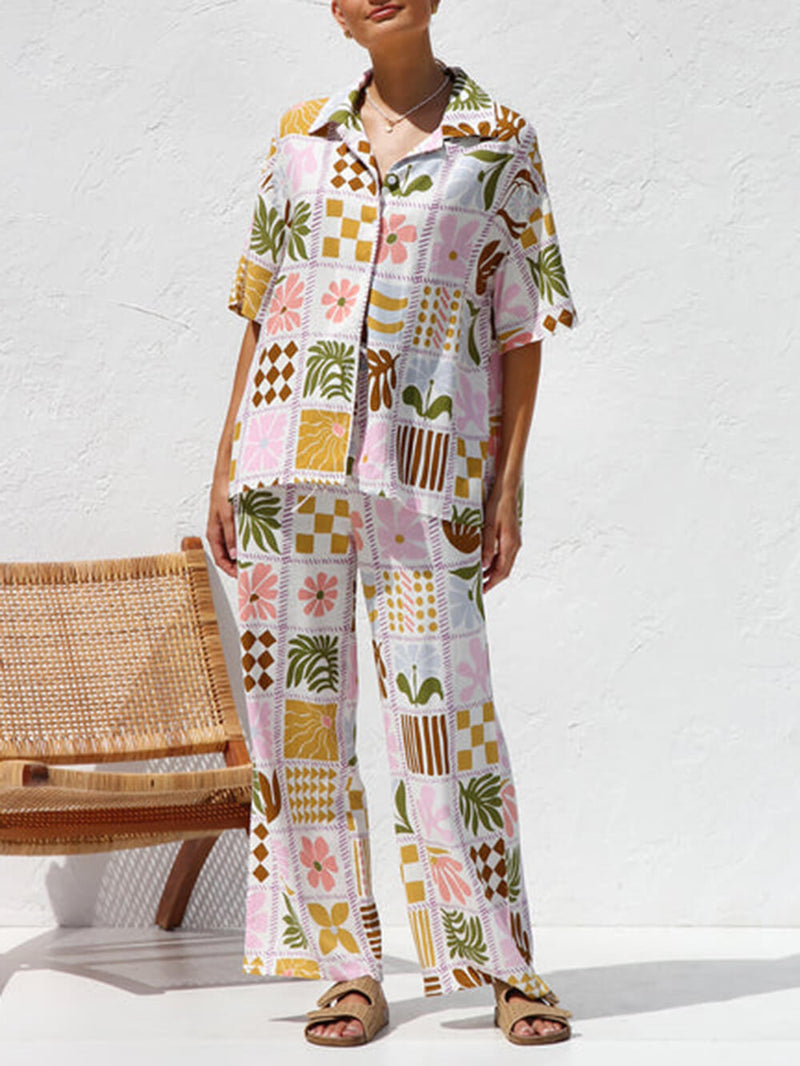 Multicolor Printed Holiday Style Top Wide Leg Pants Suit