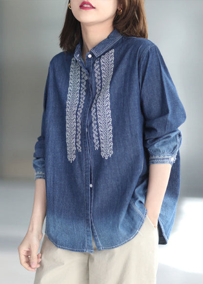 Blue Peter Pan Collar Embroidered Cotton Denim Shirt Top Long Sleeve
