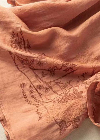 Orange Patchwork Linen T Shirt Embroidered O-neck Half Sleeve