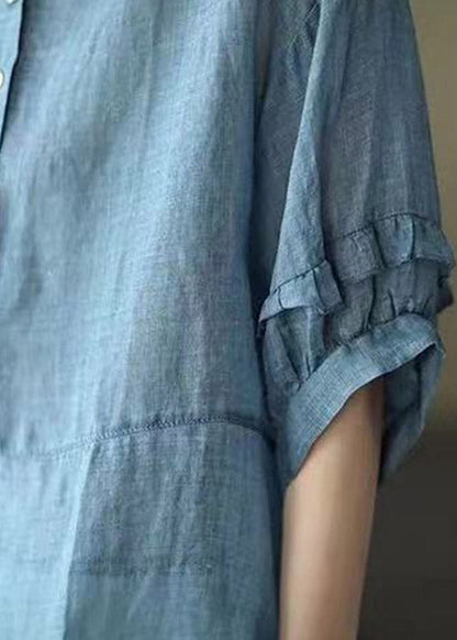 Retro Blue O-neck Ruffled Button Drawstring Top Half Sleeve