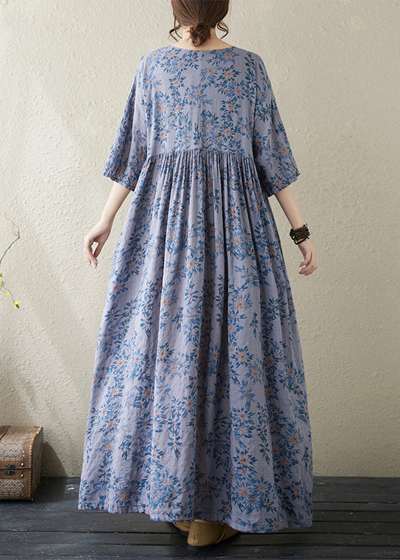 Handmade Blue O Neck Print Cotton Dress Summer