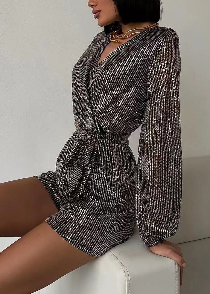 Black Silver V Neck Sequins Lace Up Jumpsuit Spring