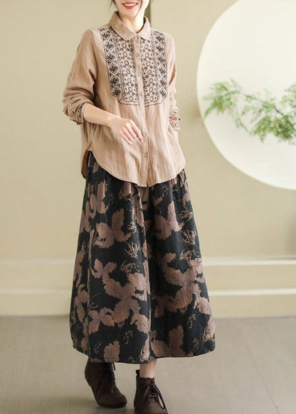 Black Print Cotton a Line Skirts Elastic Waist Spring