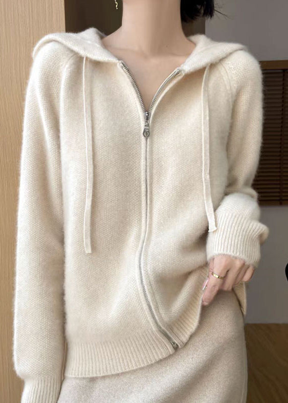 Beige Hooded Zippered Cotton Knit Coat Fall