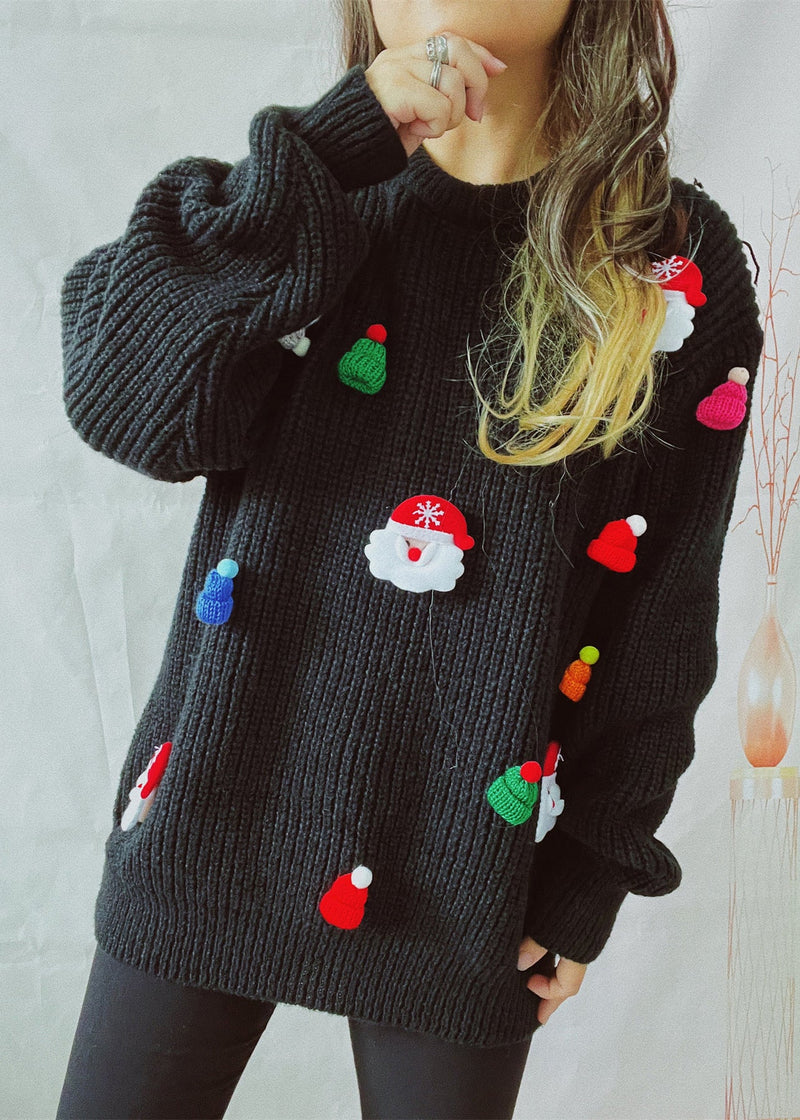 Black Thick Christmas Decorated Knit Sweater Winter