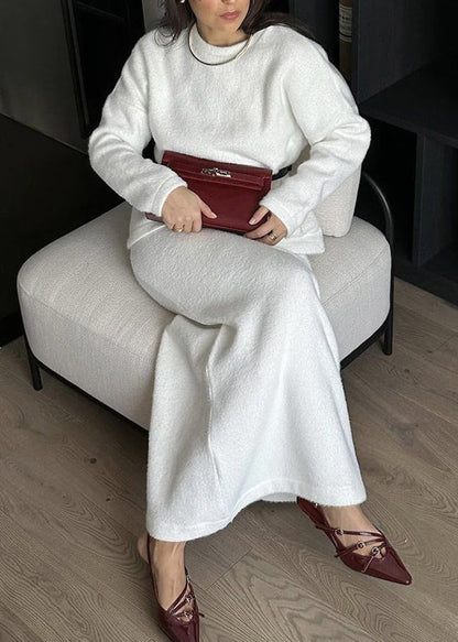 White O Neck Sweaters and Skirts Knit Two Pieces Set Fall