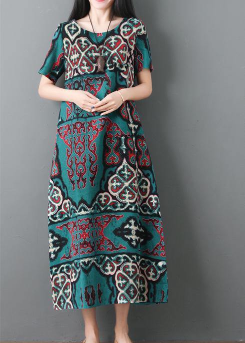 Loose Waist Cotton Linen Soft Surroundings Linen Green Prints Dresses Summer