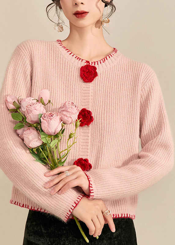 Pink O-neck Button Cotton Knit Cardigans Fall