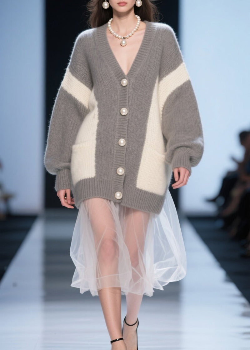 Grey Button Tulle Patchwork Knit Cardigan Fall